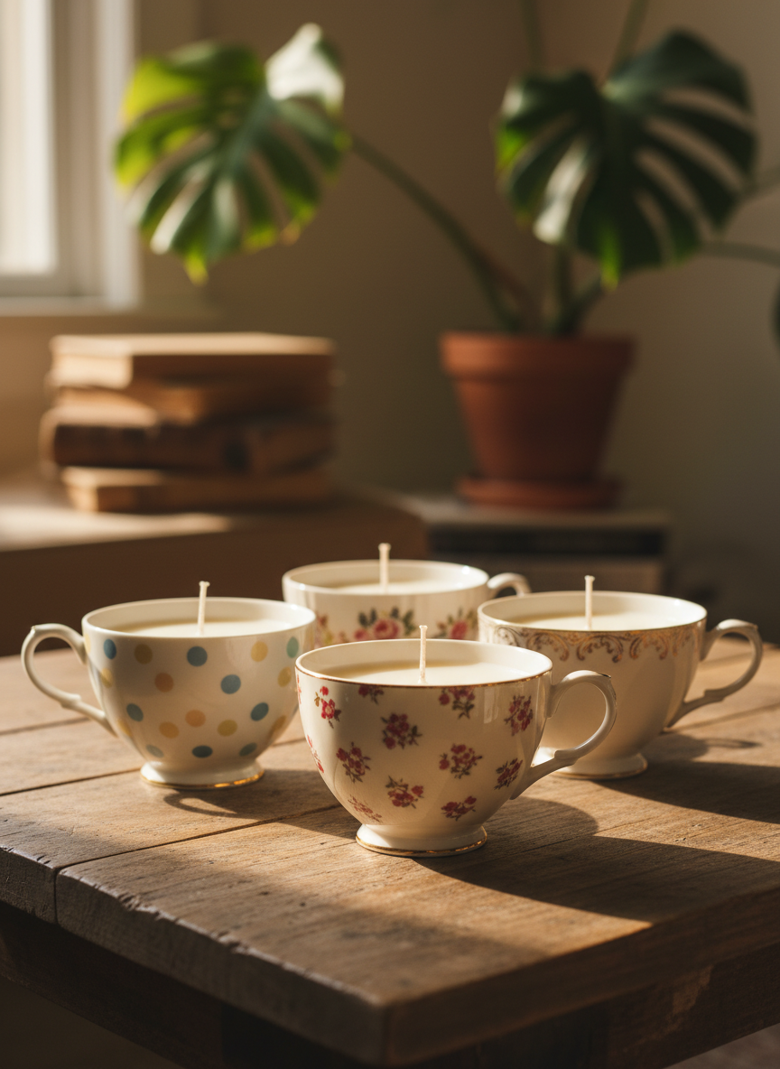 A close-up, photographic image of a whimsical collection of hand-poured candles in rescued vintage teacups arranged on a rustic wooden coffee table. Each teacup has a different playful pattern—polka dots, tiny florals, and gold rims—filled with creamy soy wax and perfectly centered wicks. Soft afternoon window light spills in from the left, creating gentle highlights on the glazed porcelain and subtle shadows between the cups. In the softly blurred background, a cozy living room scene with stacked books and a leafy plant suggests a relaxed home setting. Shot at an eye-level angle with shallow depth of field, the mood is warm, inviting, and slightly quirky, emphasizing photographic realism and the charm of giving old teacups a second life.