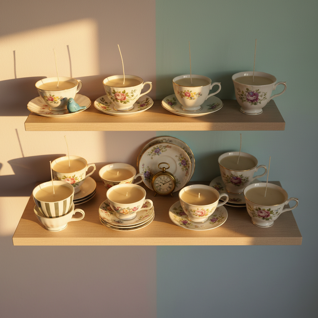 An overhead, photographic scene of a home display shelf dedicated to 10 of Cups Candles, featuring neatly grouped hand-poured candles in mismatched rescued teacups. The shelf is made of pale, matte wood against a soft pastel wall, with playful arrangements of saucers, teapots, and a few empty cups awaiting their candle pour. Golden hour sunlight filters in from an unseen window, casting long, gentle shadows and creating a cozy glow on the wax surfaces. Small decorative props like a ceramic bird and a tiny clock add personality without overshadowing the candles. The composition uses the rule of thirds with crisp, clean focus across the frame, evoking an organized yet whimsical atmosphere that feels like a lovingly curated nook in someone’s home.