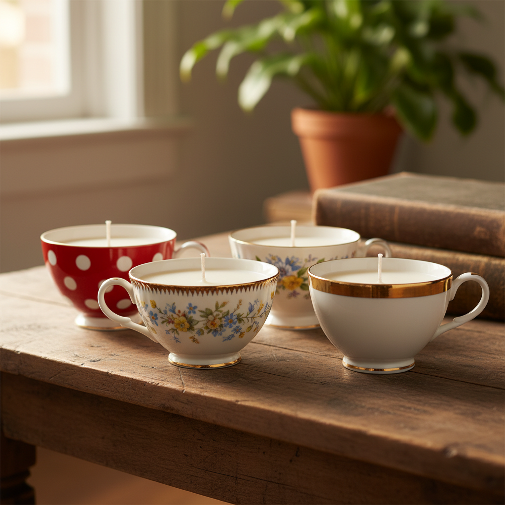 A close-up, photographic image of a whimsical collection of hand-poured candles in rescued vintage teacups arranged on a rustic wooden coffee table. Each teacup has a different playful pattern—polka dots, tiny florals, and gold rims—filled with creamy soy wax and perfectly centered wicks. Soft afternoon window light spills in from the left, creating gentle highlights on the glazed porcelain and subtle shadows between the cups. In the softly blurred background, a cozy living room scene with stacked books and a leafy plant suggests a relaxed home setting. Shot at an eye-level angle with shallow depth of field, the mood is warm, inviting, and slightly quirky, emphasizing photographic realism and the charm of giving old teacups a second life.