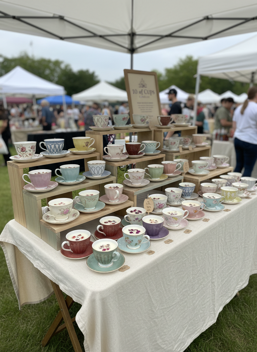 A photographic, medium-wide shot of a vendor booth for 10 of Cups Candles at an outdoor market, focused entirely on the display and products with no visible people. A sturdy folding table is covered in a linen cloth, layered with tiered wooden risers holding rows of rescued teacup candles in every color and style, from delicate bone china to chunky stoneware. Soft, bright daylight from a lightly overcast sky creates even, flattering illumination with minimal harsh shadows. Hand-drawn price markers are suggested only as small, non-readable shapes, keeping text out of frame. In the softly blurred background, hints of neighboring tents and greenery establish the vendor-event setting. The image is shot at a slightly elevated angle with a vibrant, playful mood that invites exploration of the quirky teacup collection.
