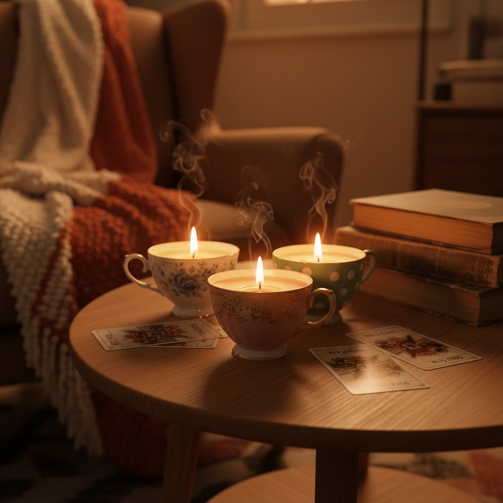 A cozy, photographic evening scene of a small coffee table styled with lit 10 of Cups Candles in rescued teacups as the centerpiece. Three or four candles in different patterned cups glow softly, their flames reflected in the glossy glaze and pooled wax. The table surface is a warm-toned wood, surrounded by hints of a comfy armchair, a soft throw blanket draped nearby, and a stack of well-loved books, all slightly out of focus. The primary light source is the candlelight itself, creating gentle, dancing shadows and a warm, intimate amber hue throughout the frame. Captured at a low, eye-level angle with a shallow depth of field, the mood is playful yet soothing, showcasing how these rescued teacup candles bring charm and atmosphere to a lived-in home space.