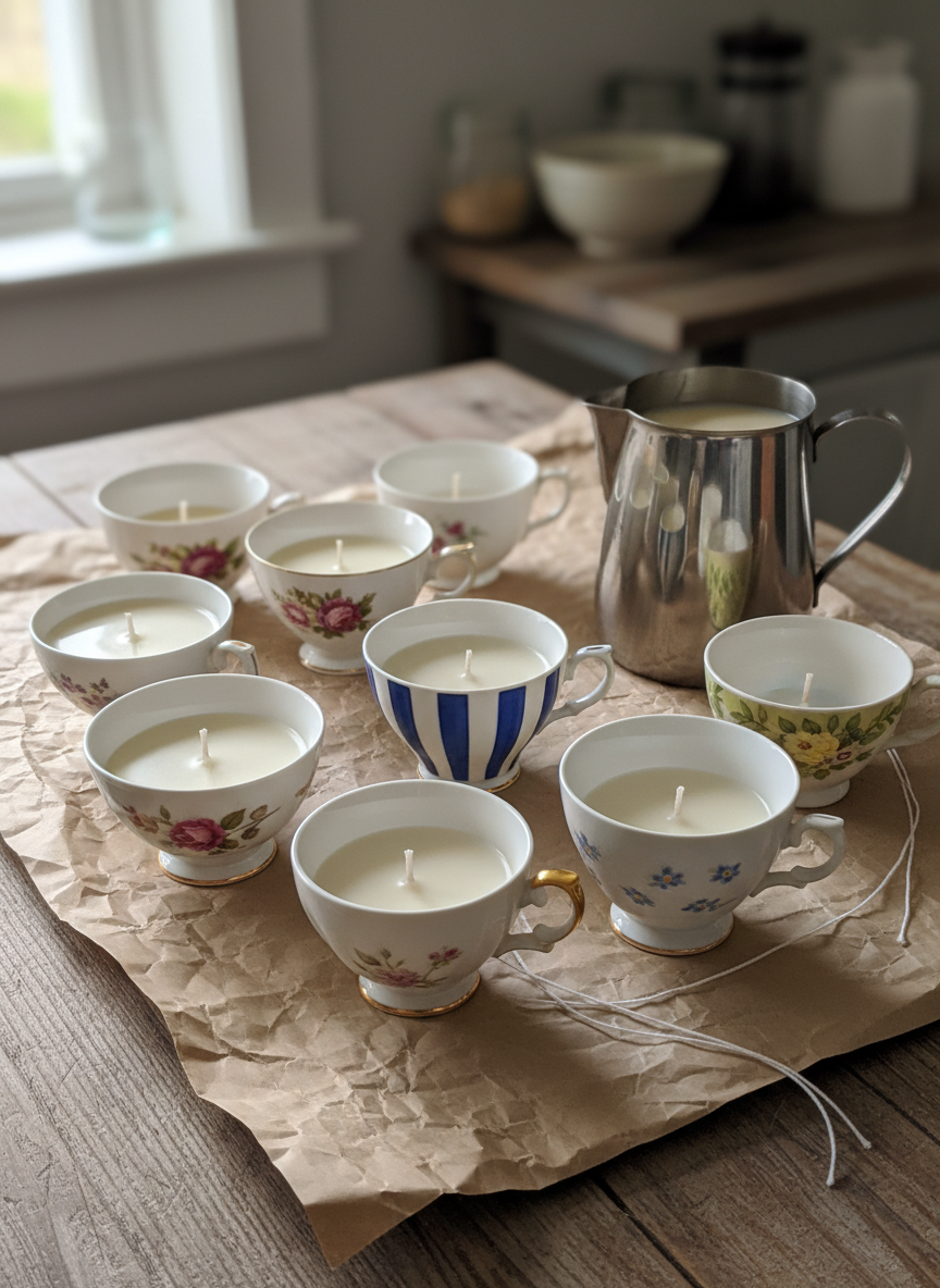 A detailed, photographic close-up of the candle-pouring process for 10 of Cups Candles, focusing on an array of empty rescued teacups arranged on kraft paper atop a farmhouse-style wooden table. Some cups already hold cooling wax, while others reveal their eclectic designs—faded roses, geometric stripes, and gilded handles. Off to one side sits a stainless steel pouring pitcher, still glistening with warm, creamy wax remnants. Soft, diffused morning light from a nearby kitchen window creates gentle highlights on the liquid surfaces and a calm, workshop-like atmosphere. Shot from a slightly elevated, three-quarter angle with shallow depth of field, the composition emphasizes craftsmanship and care, while maintaining a playful, home-based maker vibe with no people present.