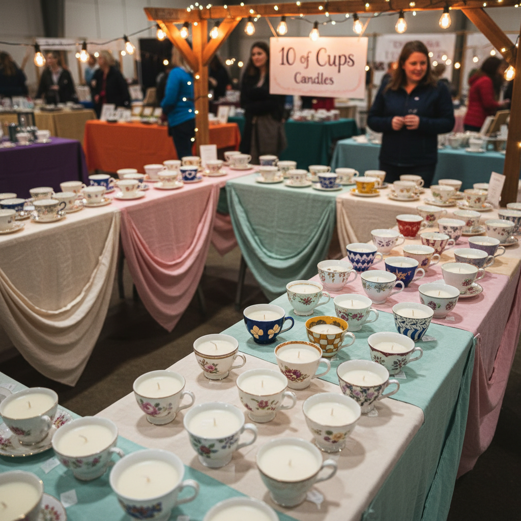 A photographic, wide-angle view of an indoor vendor-event setup for 10 of Cups Candles, with long tables forming an L-shape covered in soft-colored tablecloths. Dozens of rescued teacup candles are arranged in playful clusters by color family—pastel florals in one area, bold patterns in another—each cup unique in shape and design. Overhead string lights and warm indoor lighting bathe the scene in a gentle glow, creating soft highlights on the porcelain and wax. Background elements show other vendor tables as blurred blocks of color, reinforcing the bustling market context without focusing on specific products. The composition is balanced and inviting, with sharp focus on the front row of candles and a gradual blur toward the back, conveying abundance, variety, and the fun of discovering these quirky, hand-poured treasures at events.